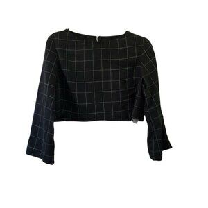 Reformation Womens Crop Top Medium Black Geometric‎ Print Long Sleeve Blouse